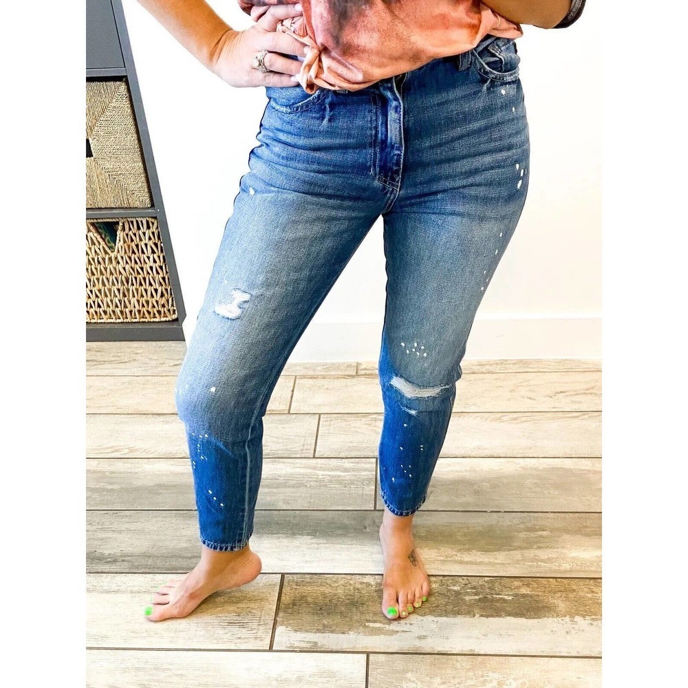 KanCan High Rise Mom Distressed Jeans Straight Tapered Leg Paint Splatter Sz 28